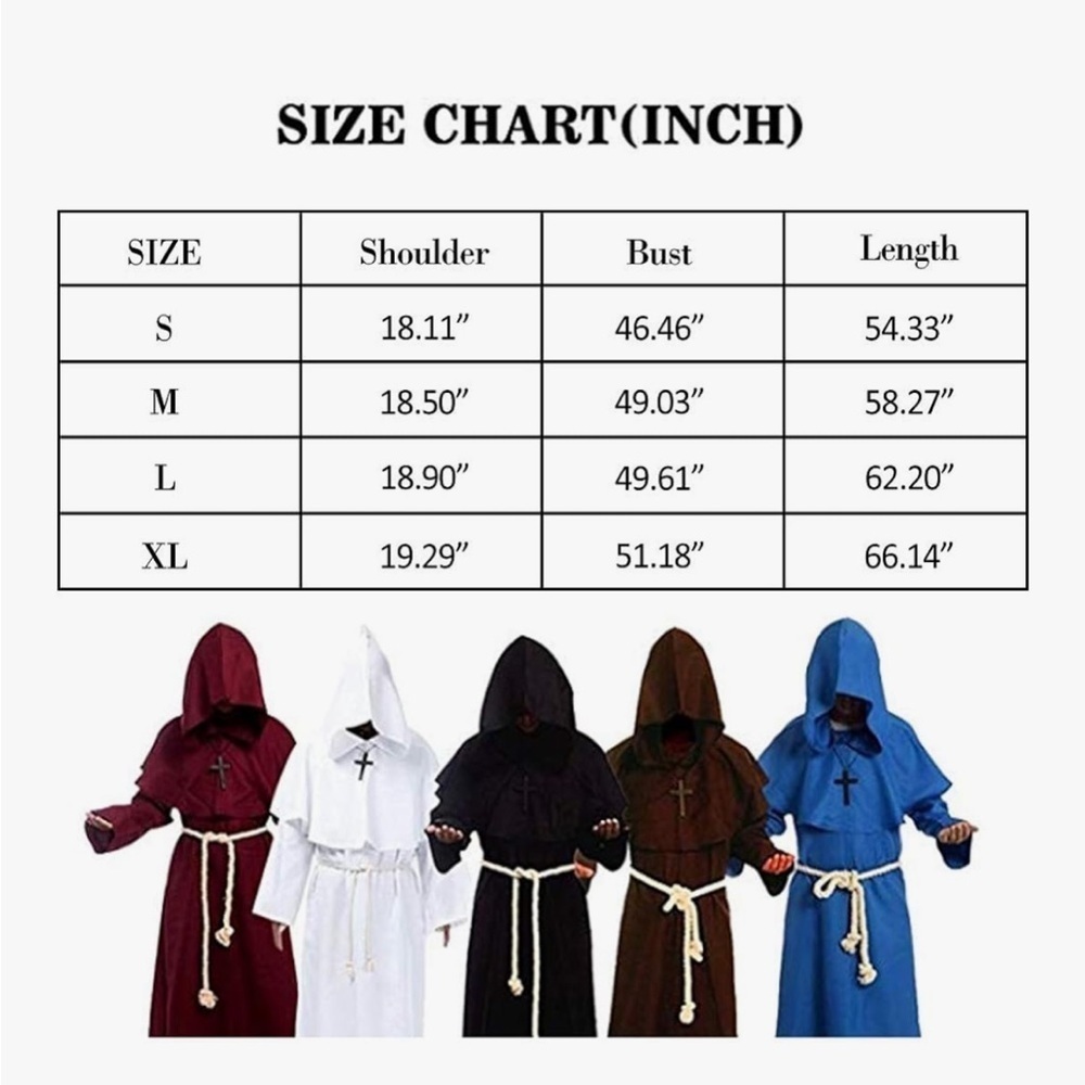 Friar Medieval Hooded Monk Priest Robe Tunic Black Clergy Robe with Cross Medium - Picture 9 of 13